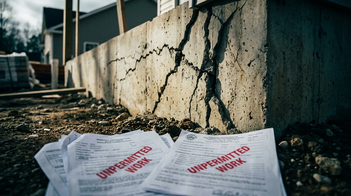 Dramatic image of structural damage and unpermitted work documentation, symbolizing the long-term costs of skipping permits