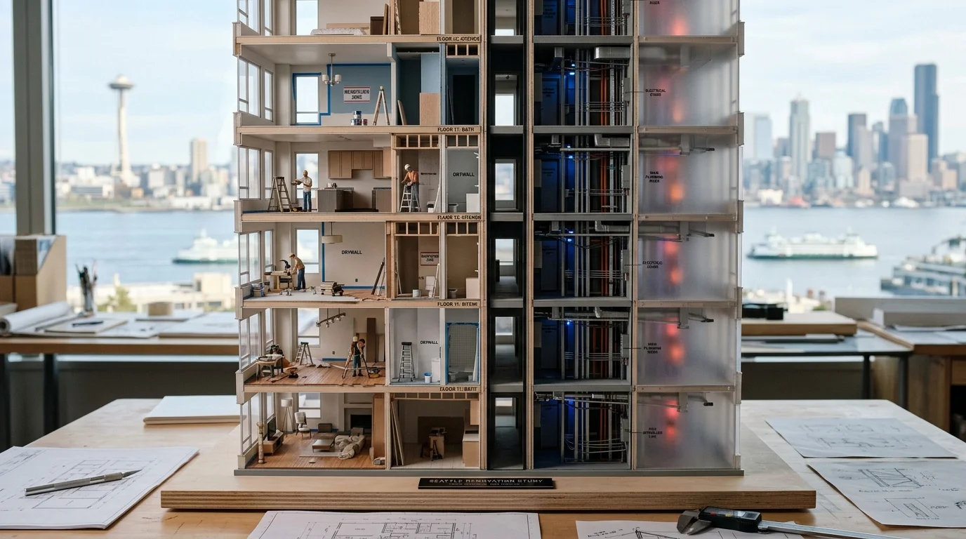 Architectural model of Seattle condo showing internal systems behind renovation walls