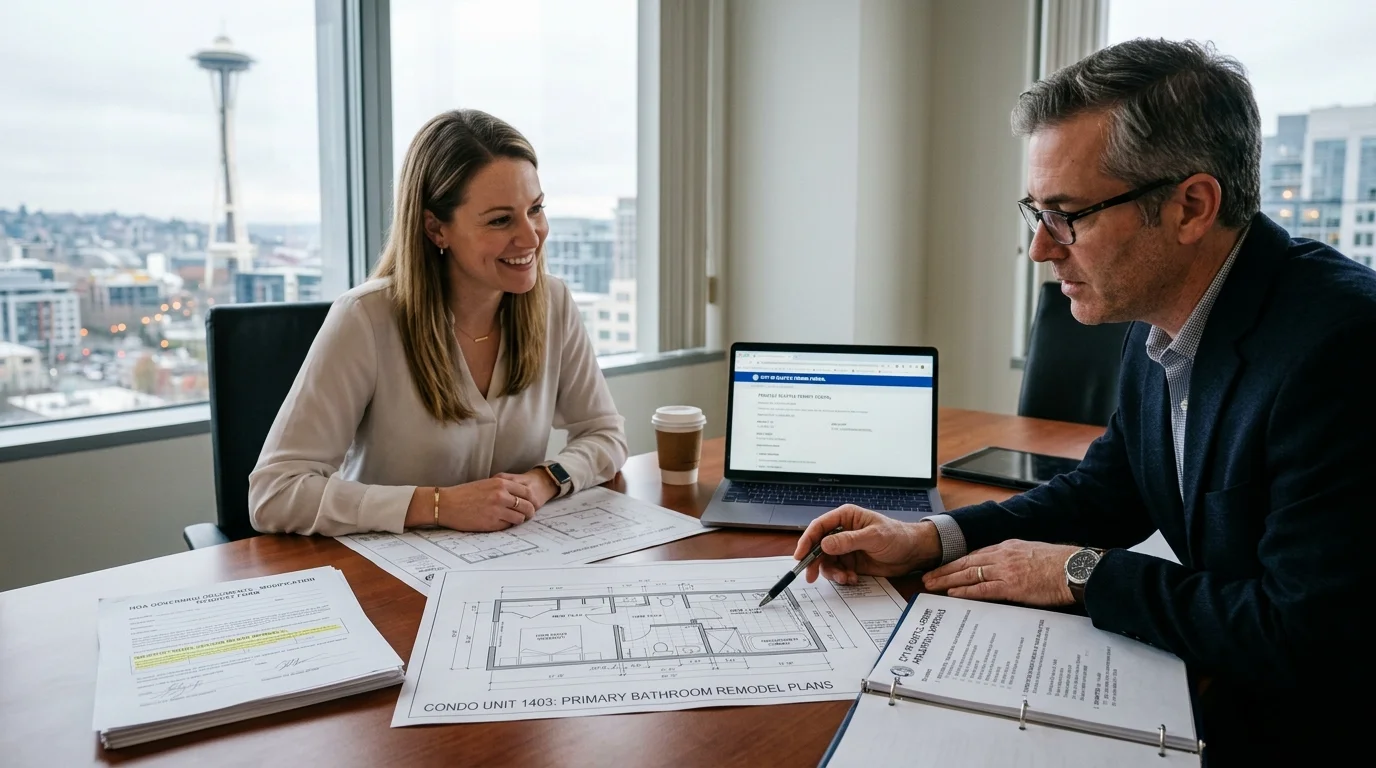 Condo owner reviewing bathroom remodel plans and HOA documents with building management