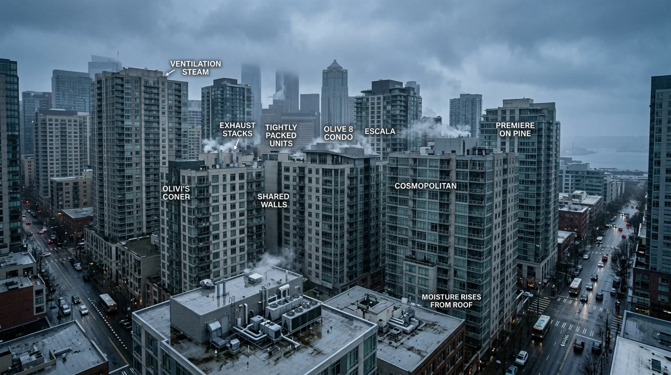 Downtown Seattle condo towers on a rainy day illustrating dense buildings and shared ventilation challenges