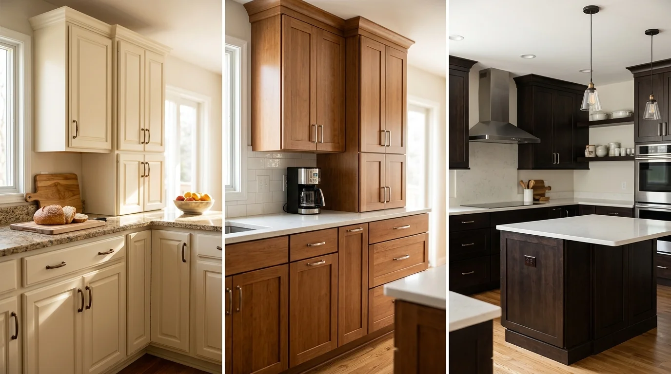 Side-by-side comparison of cabinet refinishing, refacing, and full replacement transformations