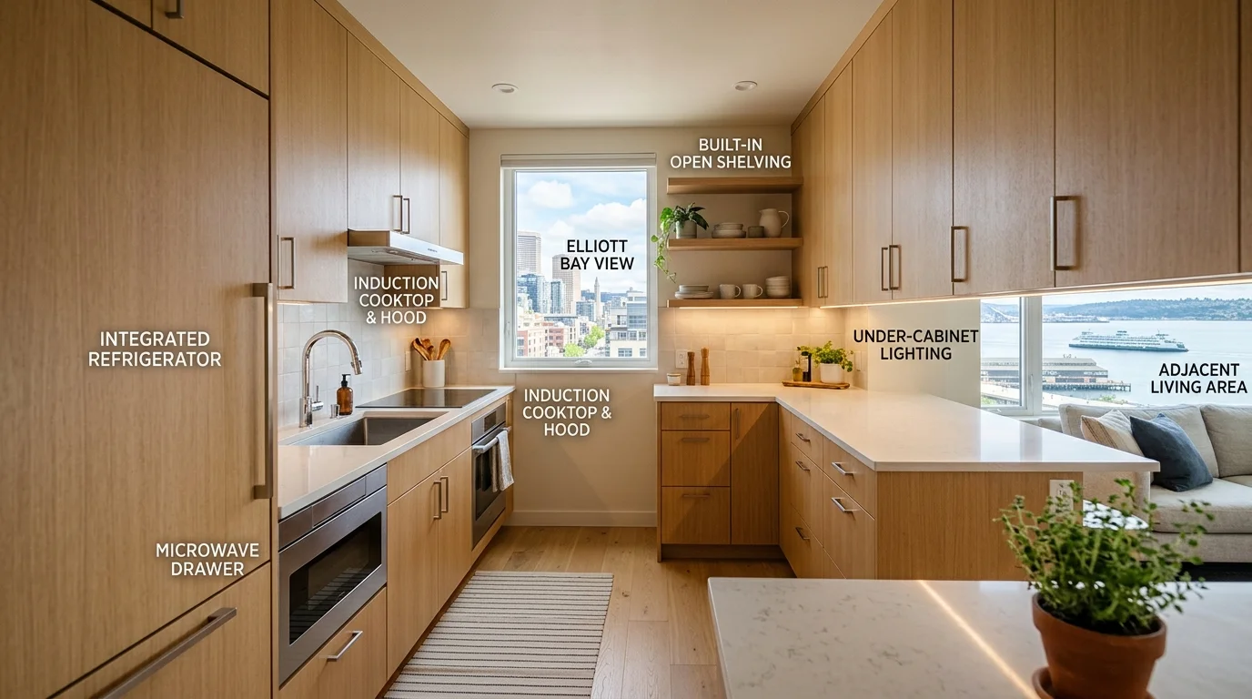 Small Belltown condo kitchen with light finishes and efficient L-shaped layout