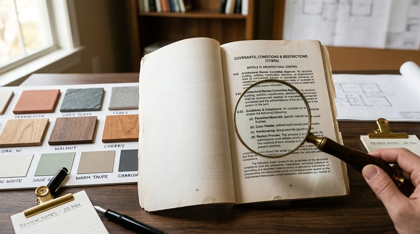 HOA design guidelines and CC&Rs documentation with material samples for architectural review
