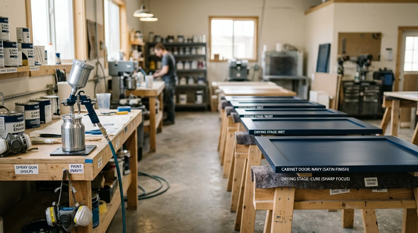 Professional cabinet painting workspace with painted doors drying on sawhorses under studio lighting