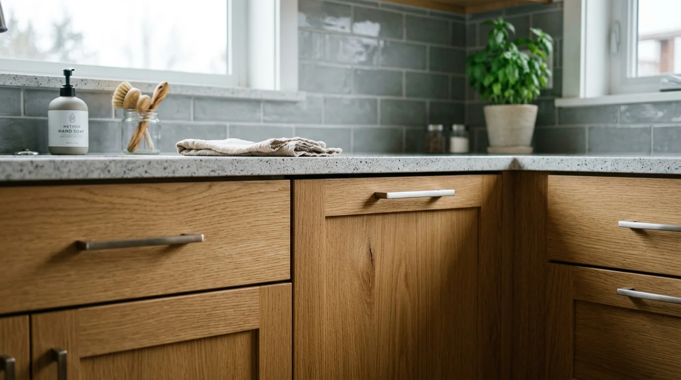 White oak cabinets with warm finish in a compact Seattle kitchen.