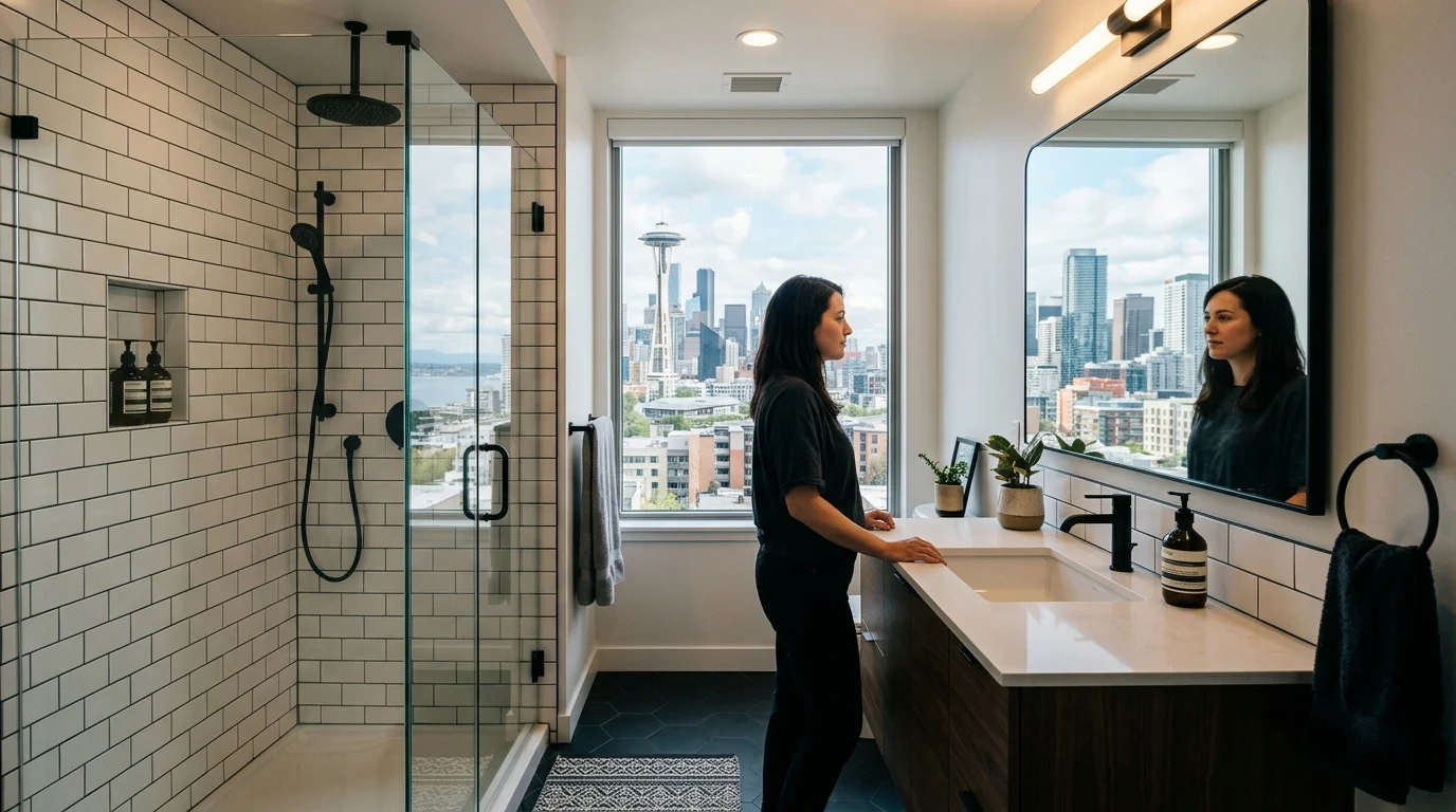 Modern remodeled Seattle condo bathroom with frameless glass shower and wall-mounted vanity