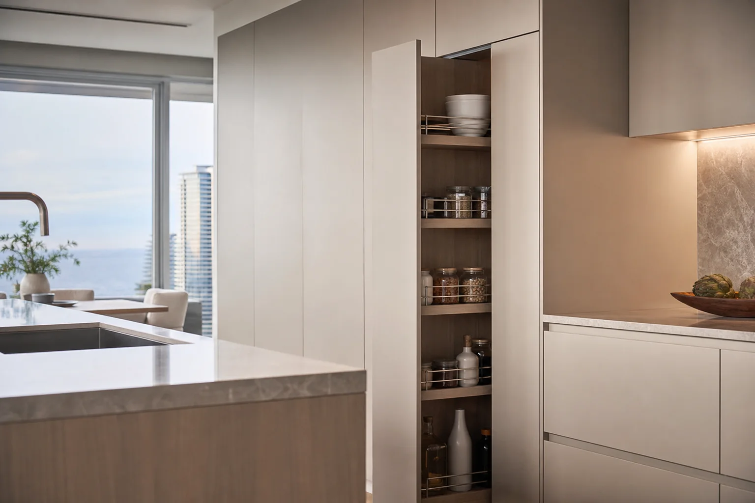 Minimalist kitchen with hidden storage and frameless cabinetry in Seattle condo