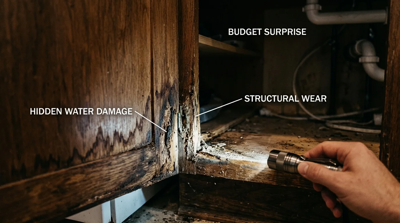 Interior cabinet inspection revealing water damage and structural deterioration hidden from external view