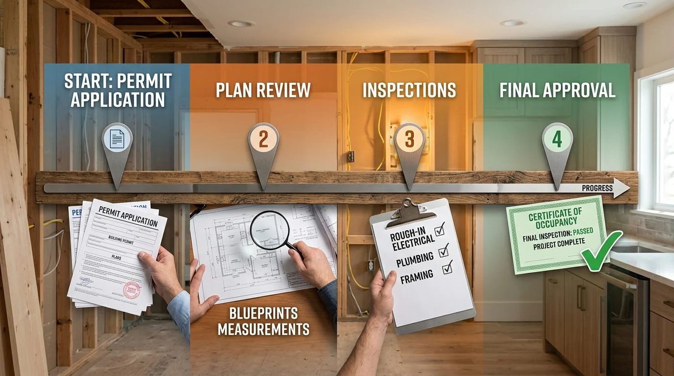 Kitchen remodel permit timeline showing phases from application through final approval