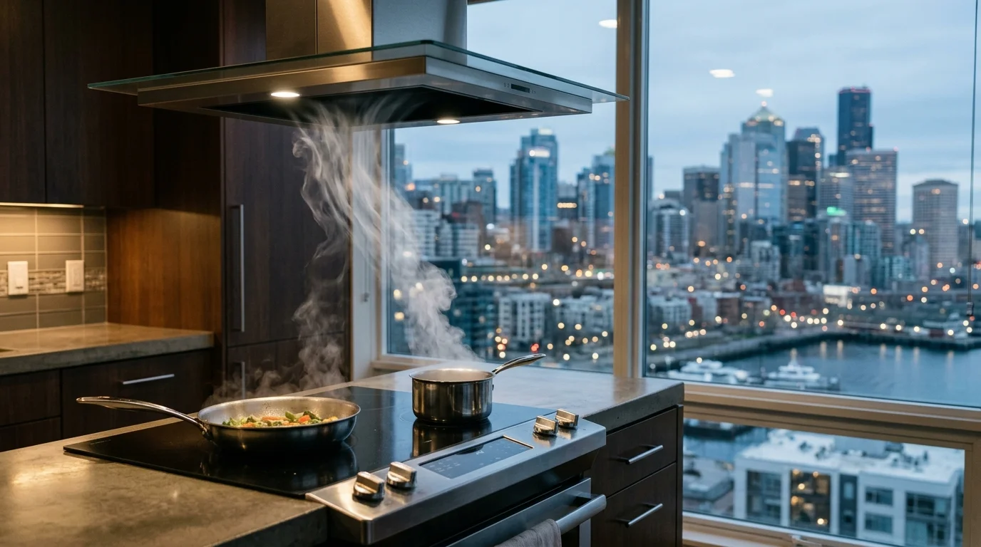 Modern condo cooktop and hood with downtown Seattle high-rises visible outside