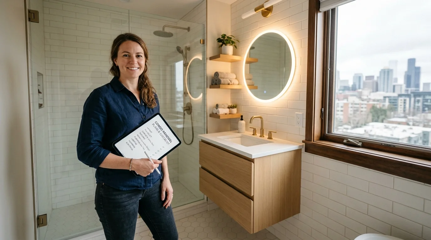 Seattle condo owner reviewing bathroom remodel plans in a newly updated bathroom