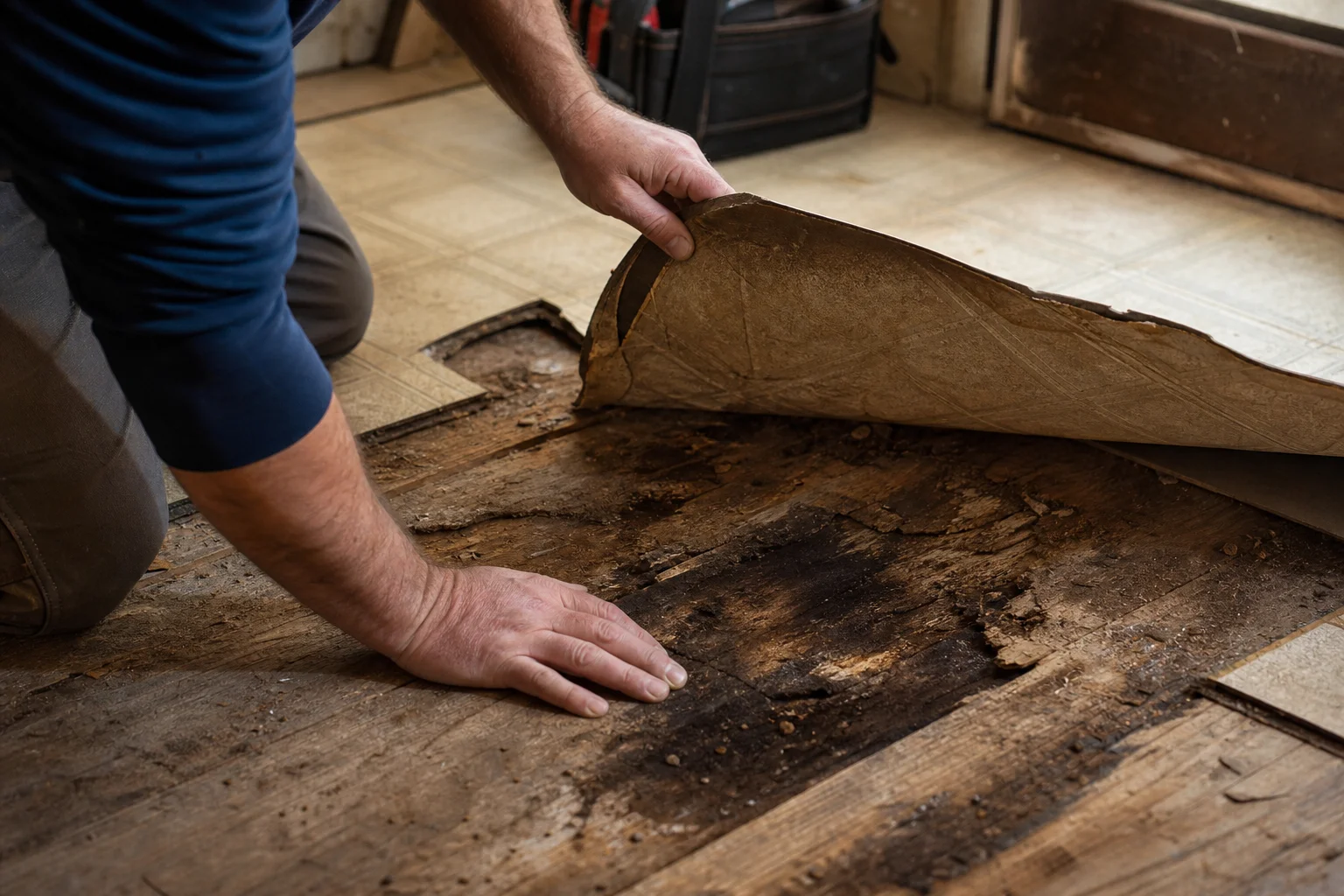 Exposed damaged subfloor during a kitchen remodel in an older Kirkland home