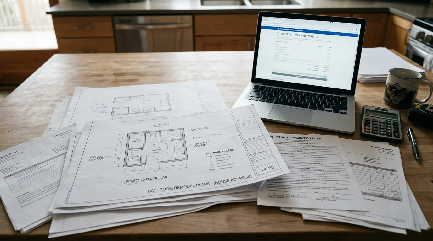 Homeowner reviewing bathroom remodel permit costs and timelines