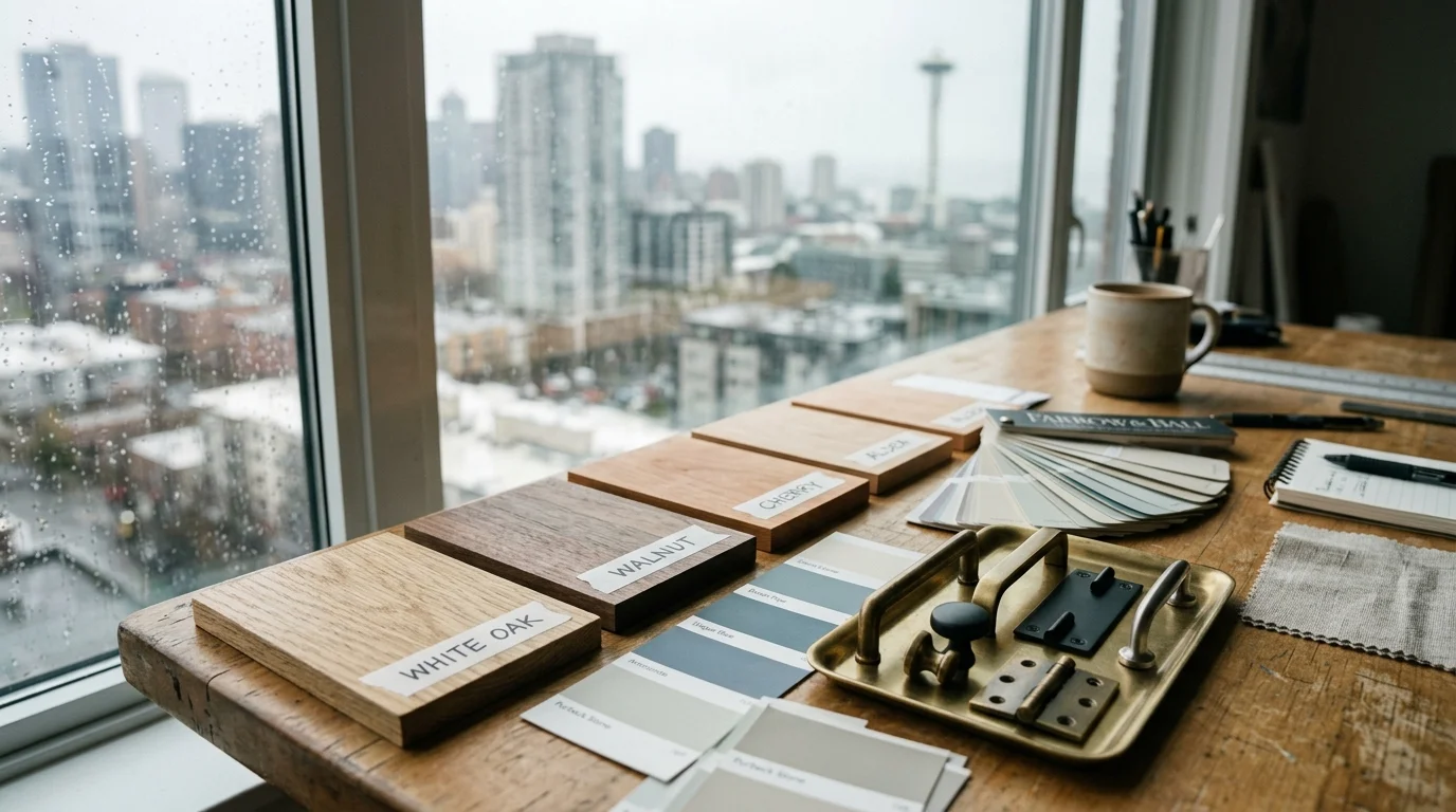 Wood species samples and finish swatches laid out for choosing custom cabinet materials.