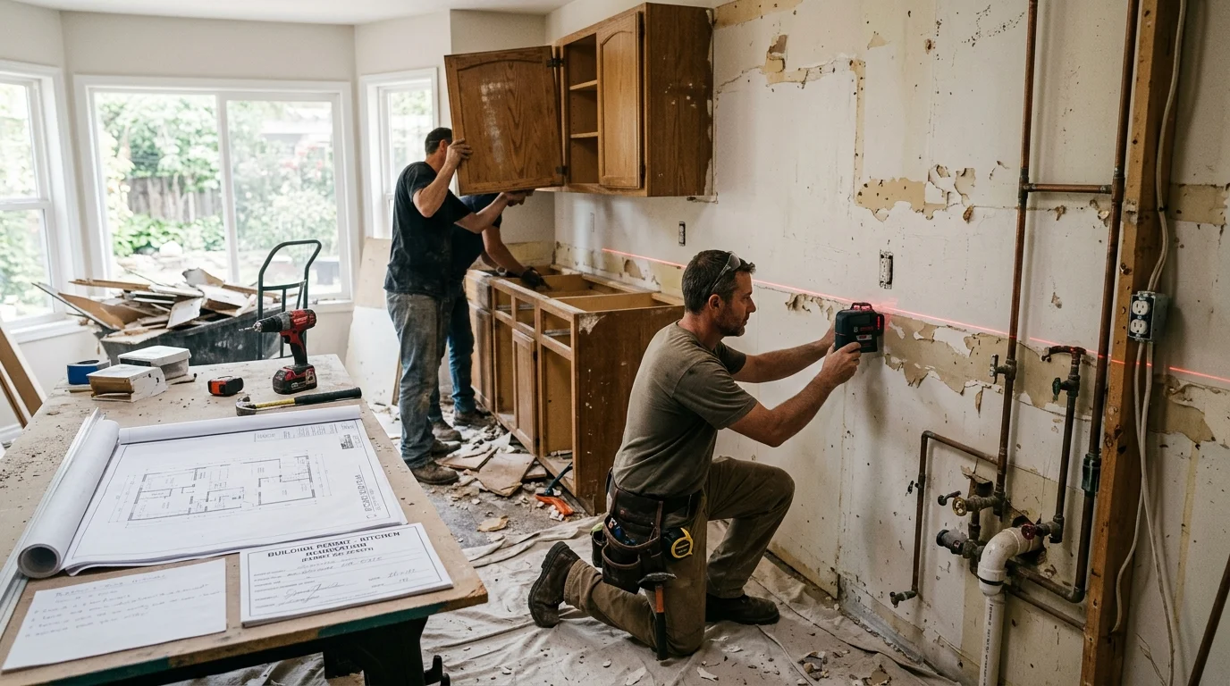 Kitchen pre-installation phase showing wall preparation and measurements for frameless cabinet installation