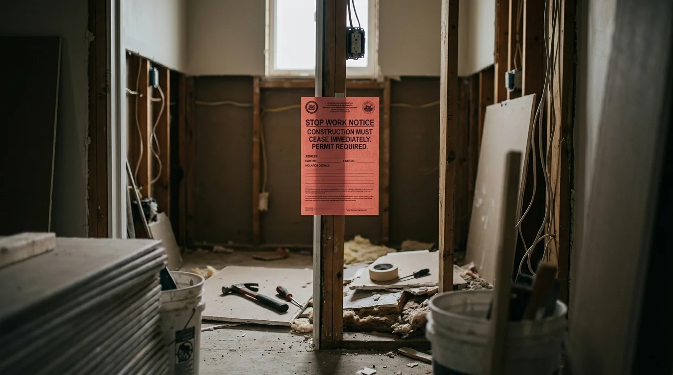 Half-finished bathroom remodel with a stop-work notice posted