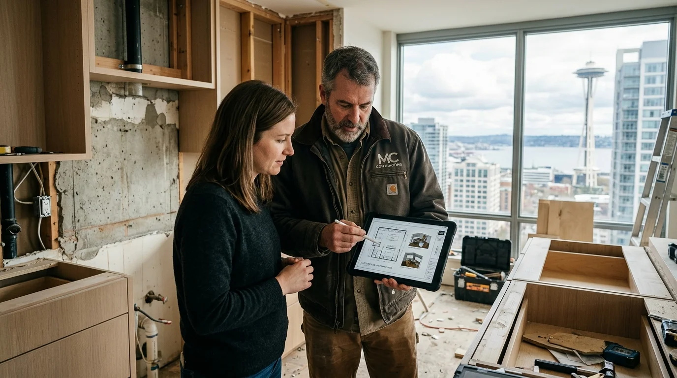 Homeowner and contractor reviewing Belltown condo kitchen remodel plans on a tablet