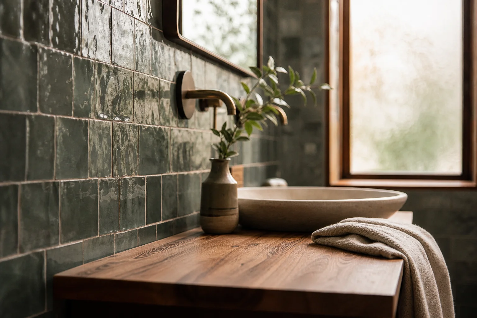 Textured zellige tile and warm wood vanity in a Pacific Northwest-style bathroom