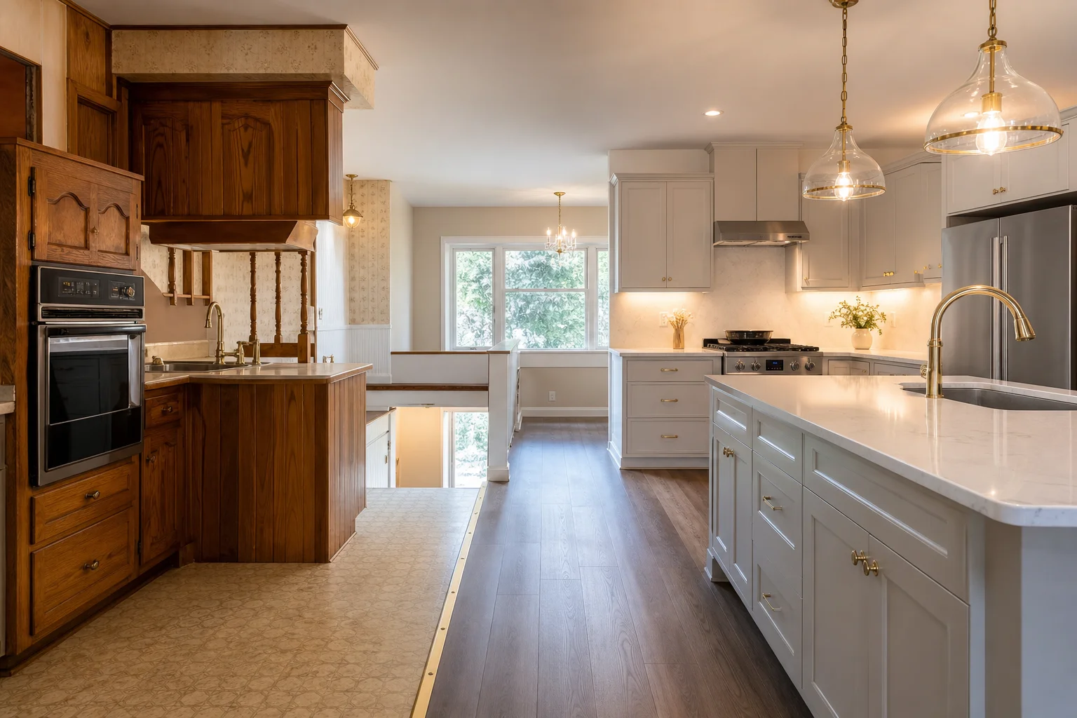 Contrasting kitchen styles: outdated 1980s design versus modernized Kirkland remodel