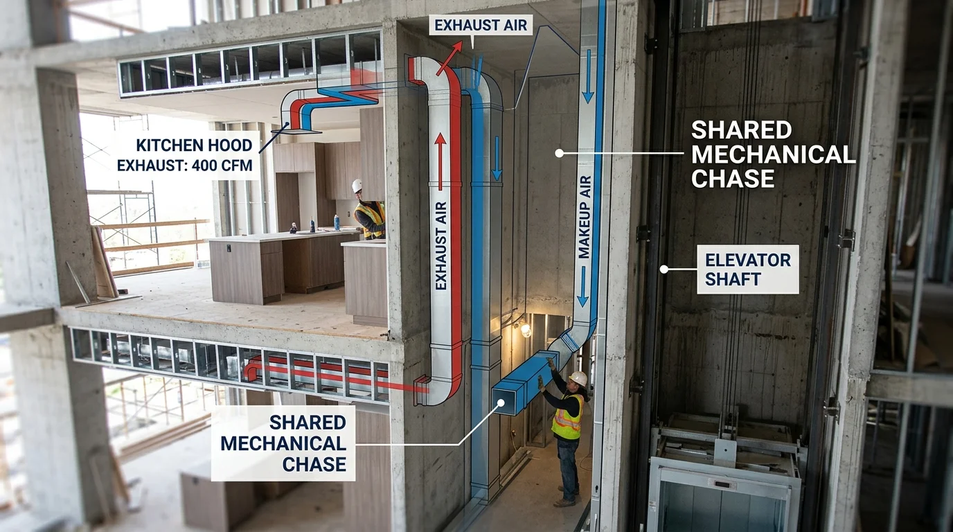 Cross-section showing makeup air and exhaust ductwork routing through condo building mechanical spaces