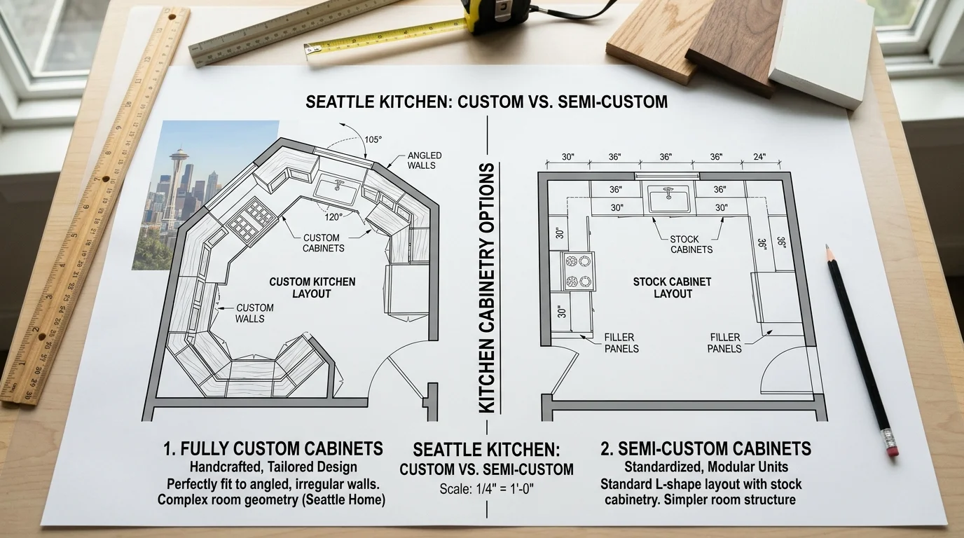 Overhead view of two contrasting kitchen cabinet layouts, one fully custom and one semi-custom, on architectural plans.