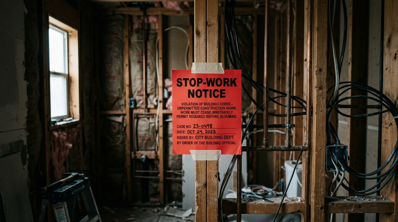 Stop work notice posted in an unfinished bathroom remodel
