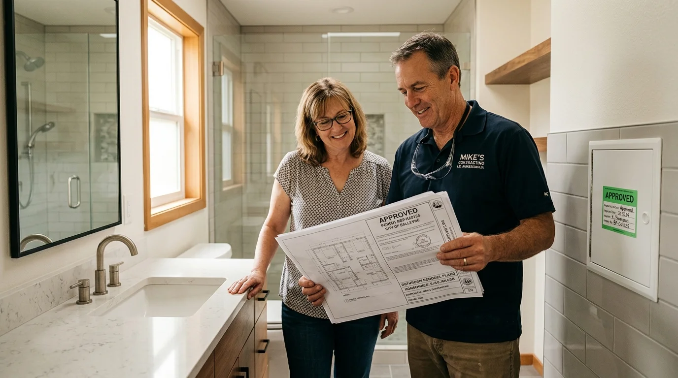 Homeowner and contractor reviewing approved bathroom remodel permits