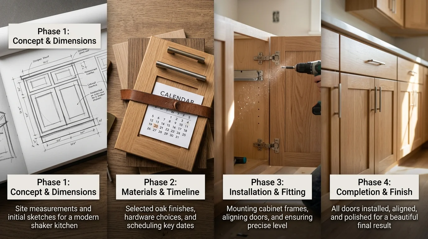 Visual timeline showing the four phases of cabinet refacing from design through installation