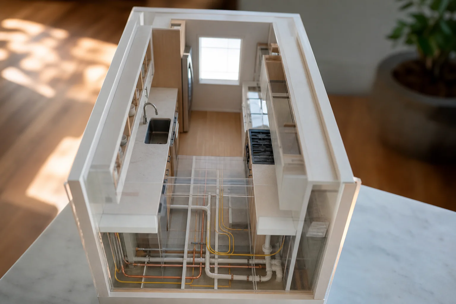 Architectural model showing plumbing and electrical layout in a galley kitchen