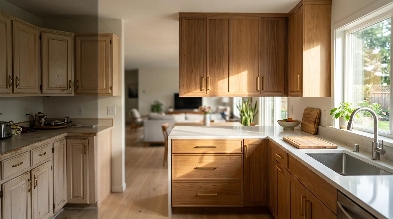 Professionally refaced kitchen cabinets with warm wood veneer finish and new hardware in natural lighting