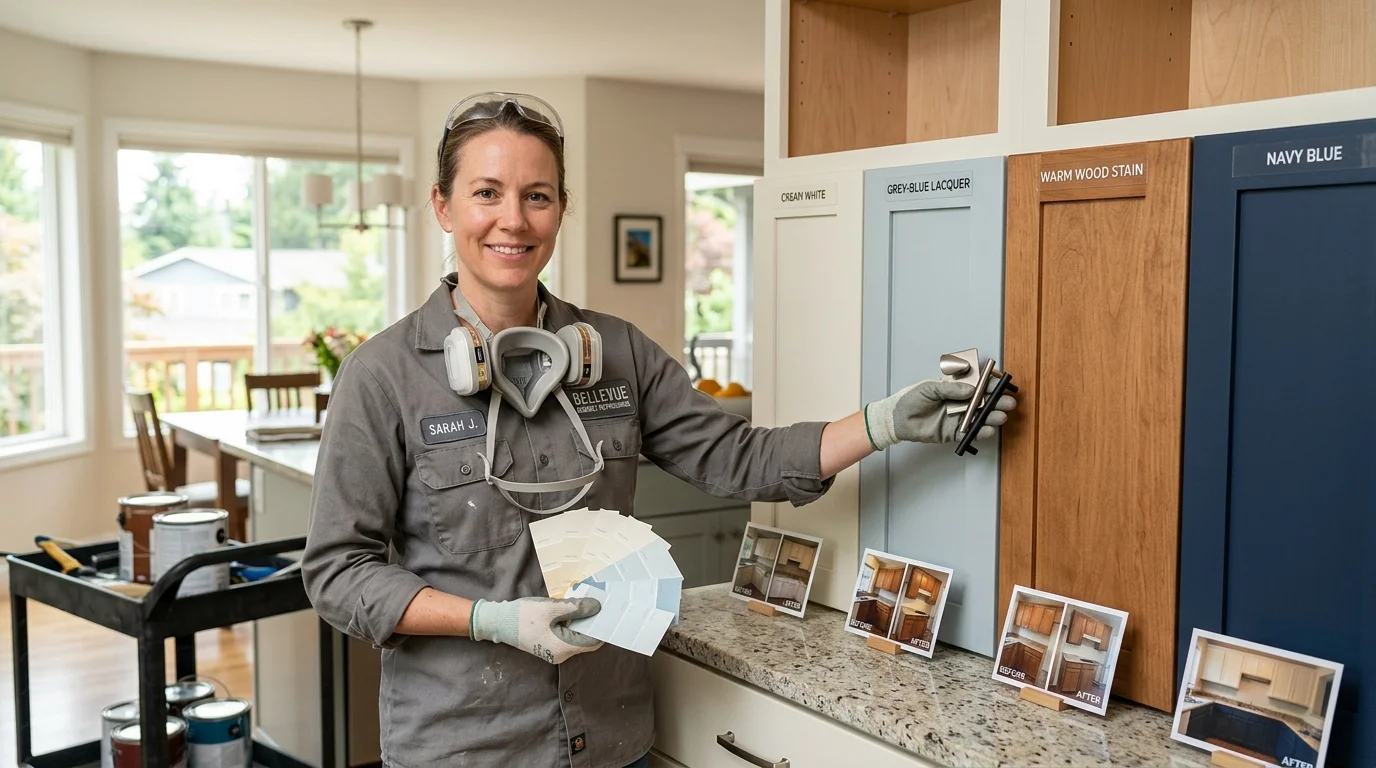 Professional cabinet refinishing contractor consulting with homeowner about finish options