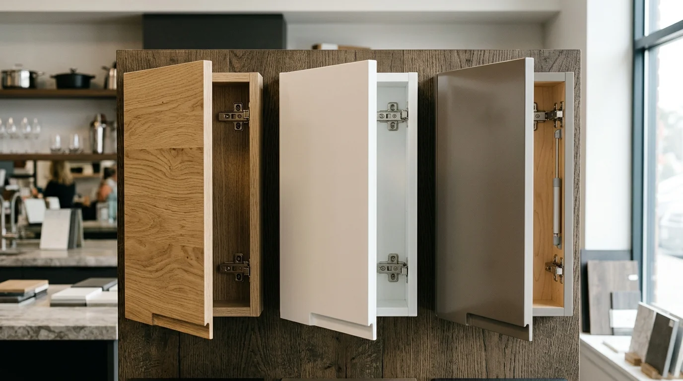 Semi-custom frameless cabinet finish and material options displayed in showroom setting
