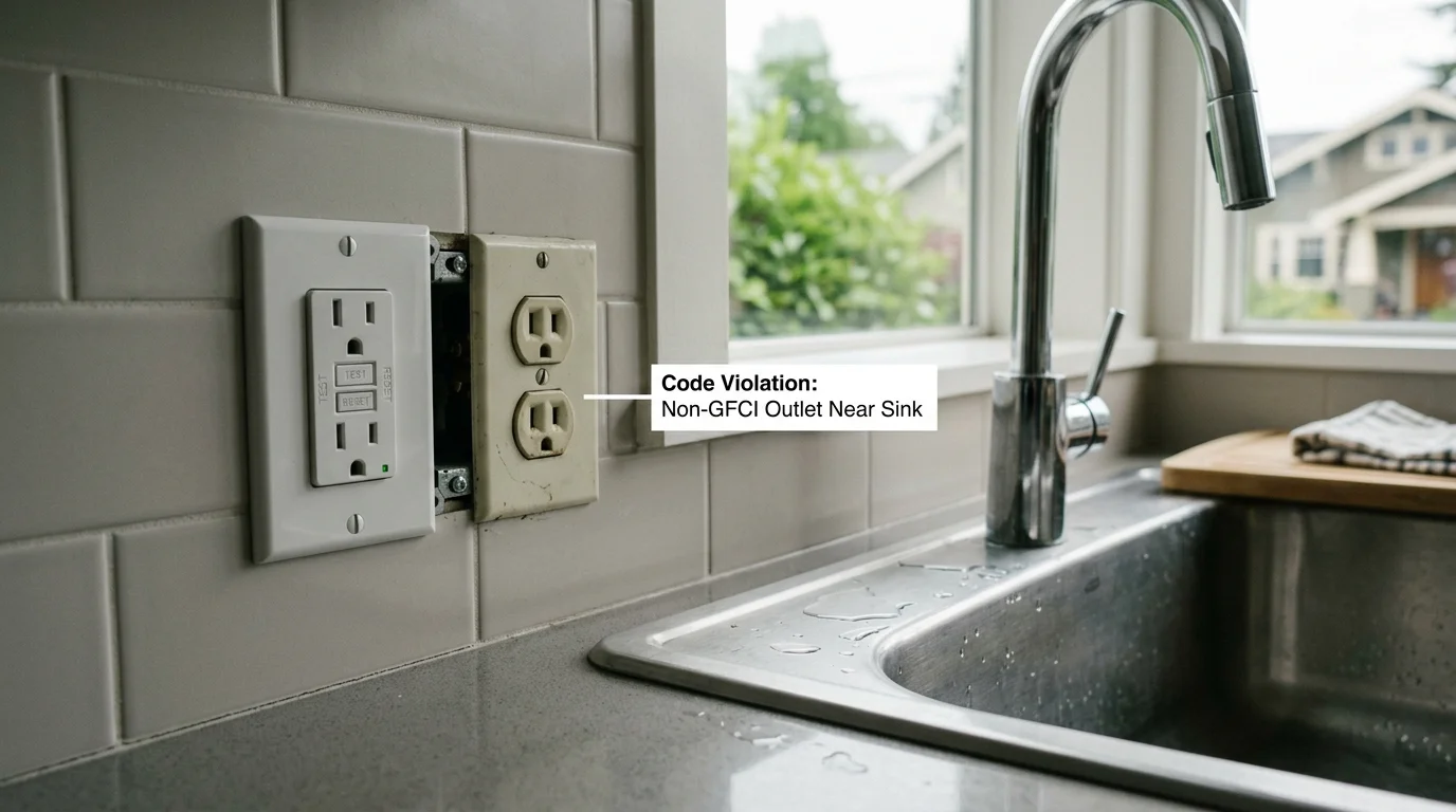 GFCI outlet installation near a kitchen sink highlighting electrical safety requirements.