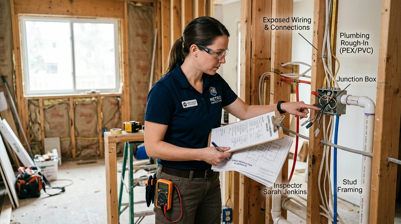 SDCI inspector performing rough-in inspection on condo kitchen electrical and plumbing systems