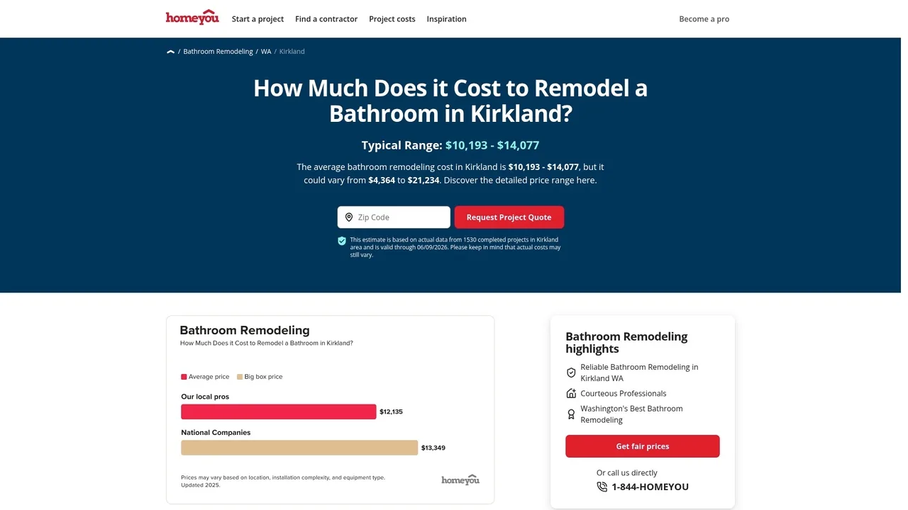 HomeYou bathroom remodel cost estimator for Kirkland, WA