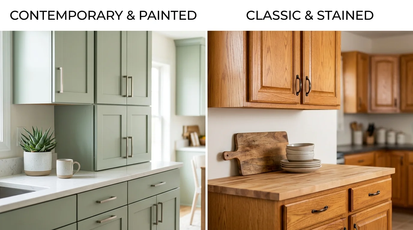Side-by-side comparison of painted modern cabinets and refinished traditional wood cabinets