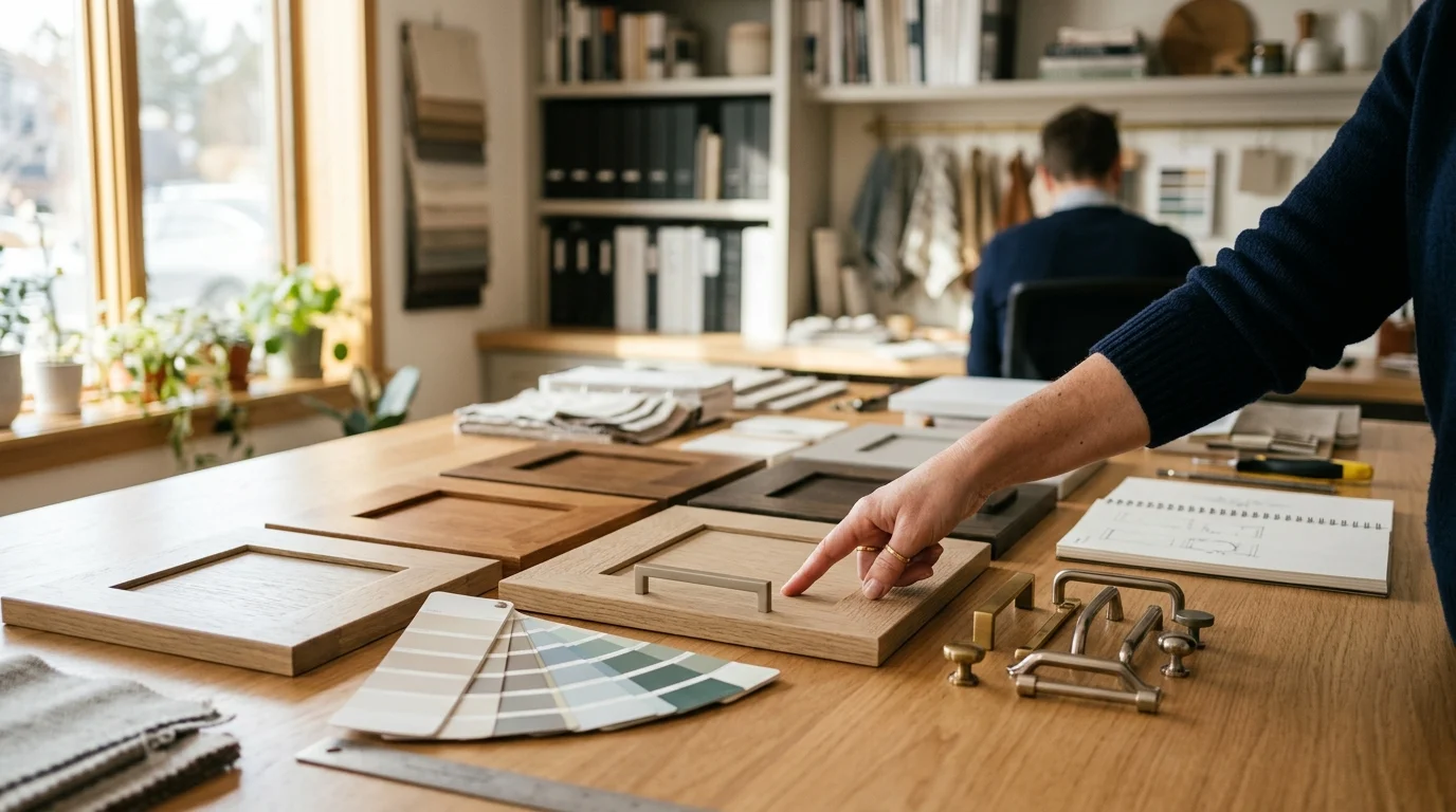 Cabinet design samples and hardware selections arranged on a designer's workspace