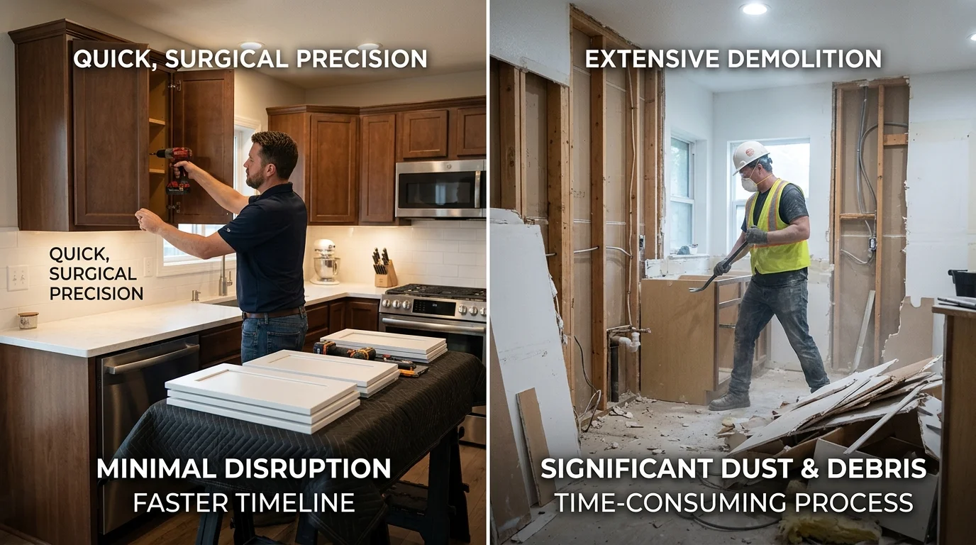 Side-by-side comparison of cabinet refacing versus full replacement project scope and timeline