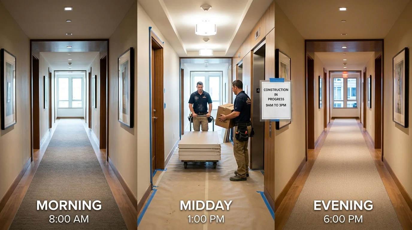 Time-lapse of construction activity in a Seattle condo hallway showing protected common areas