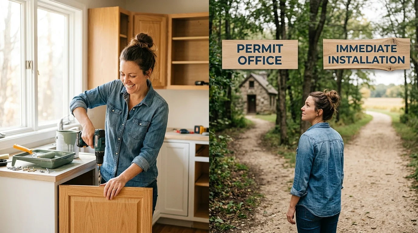 Visual comparison of permit-free cosmetic kitchen upgrades versus work requiring permits