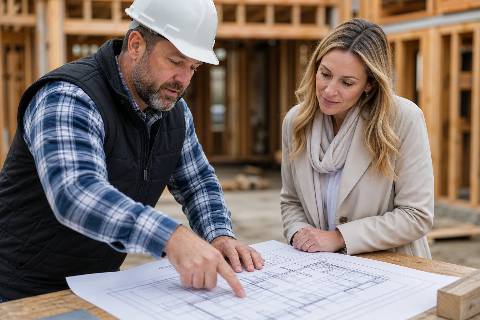 Contractor and homeowner reviewing plans at a construction site