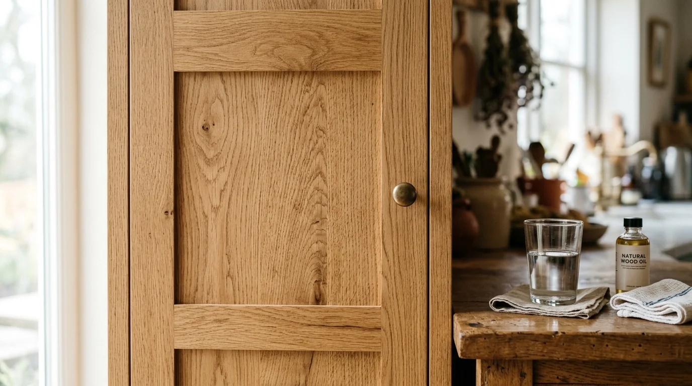 White oak frameless cabinet door detail showing grain pattern and natural finish