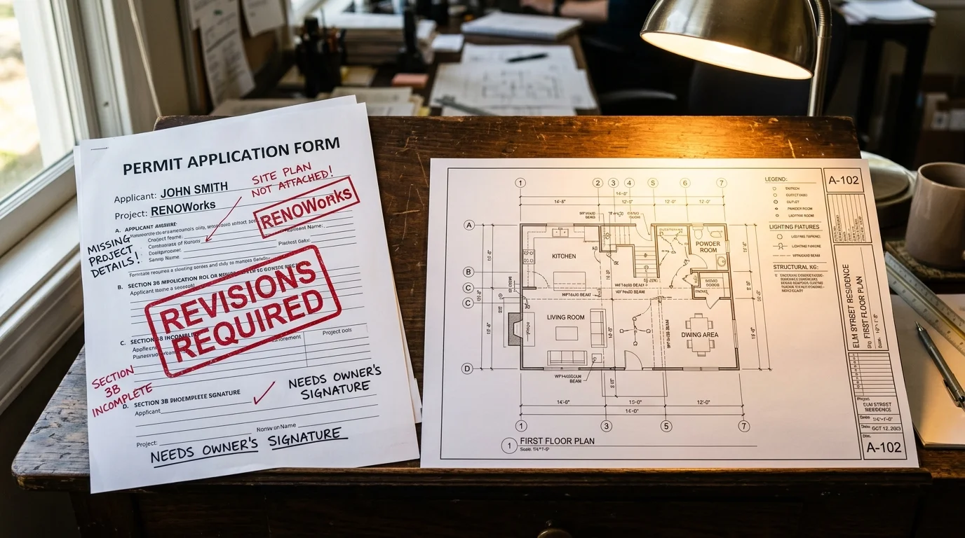 Comparison of rejected incomplete permit application versus professional architectural plans with proper documentation