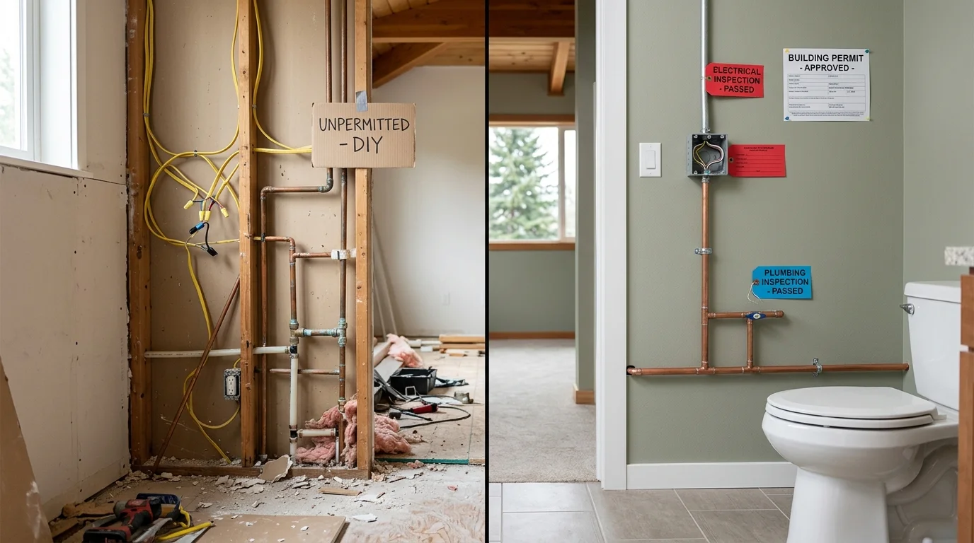 Comparison of chaotic DIY bathroom work and a clean, inspected remodel