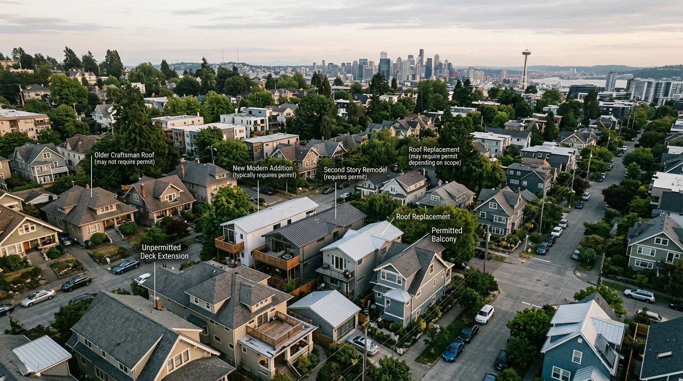 Seattle neighborhood rooftops and exterior additions seen from above