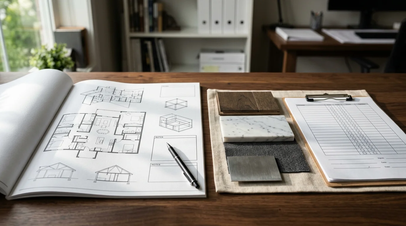 HOA approval documentation with architectural plans and material samples organized on a desk