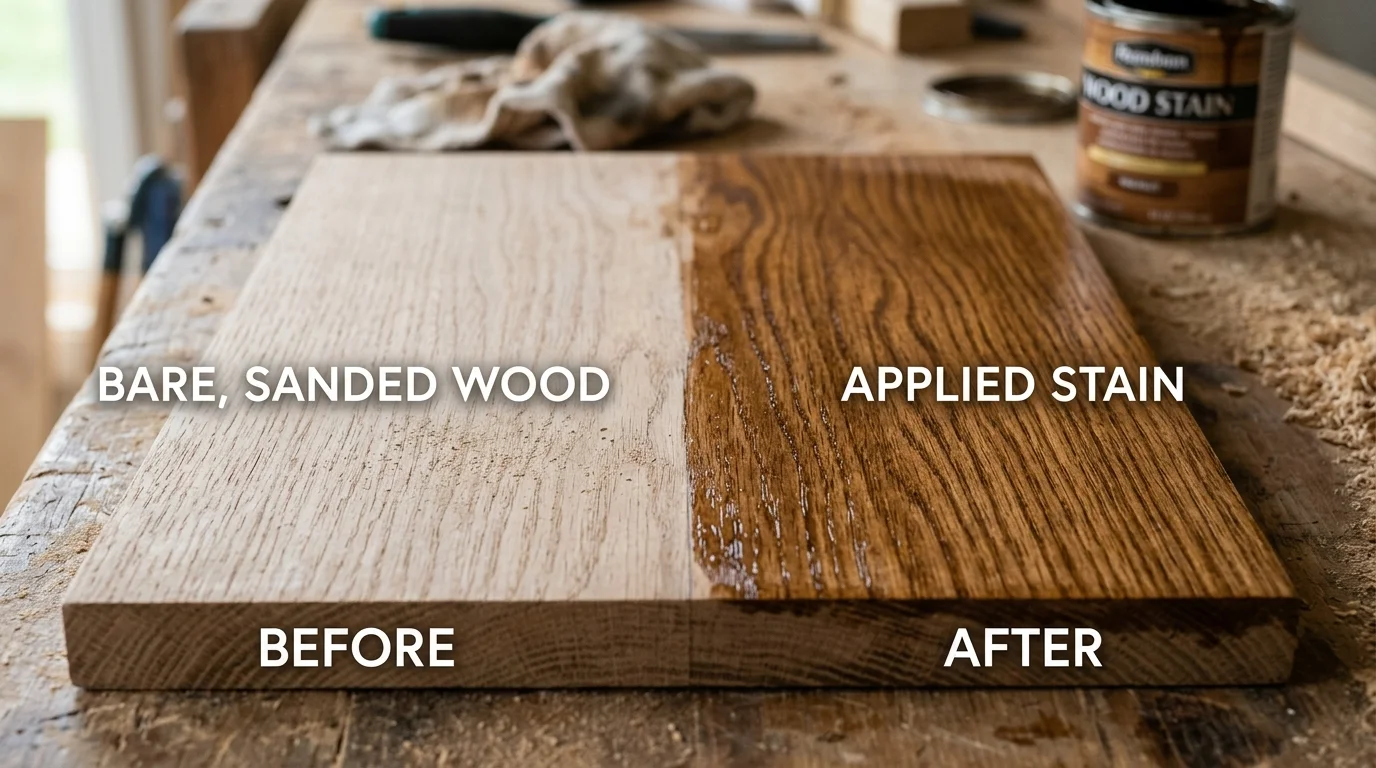 Before-and-after close-up of wood grain showing bare wood and stained wood side by side
