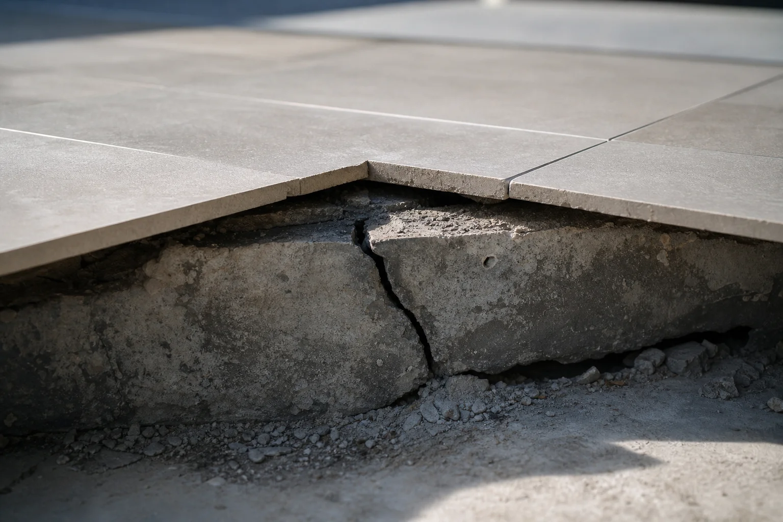 Cracked foundation visible beneath flooring during renovation