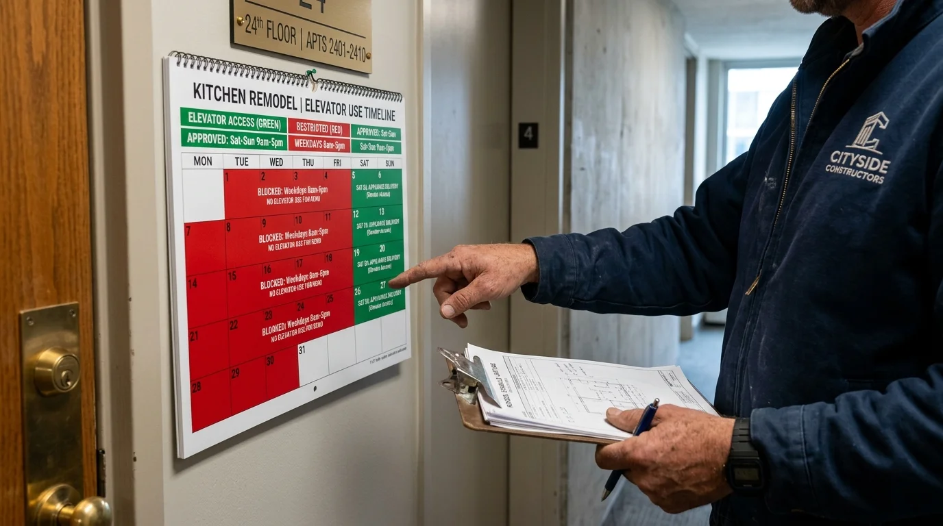 Calendar showing approved and restricted elevator access windows for condo remodel scheduling