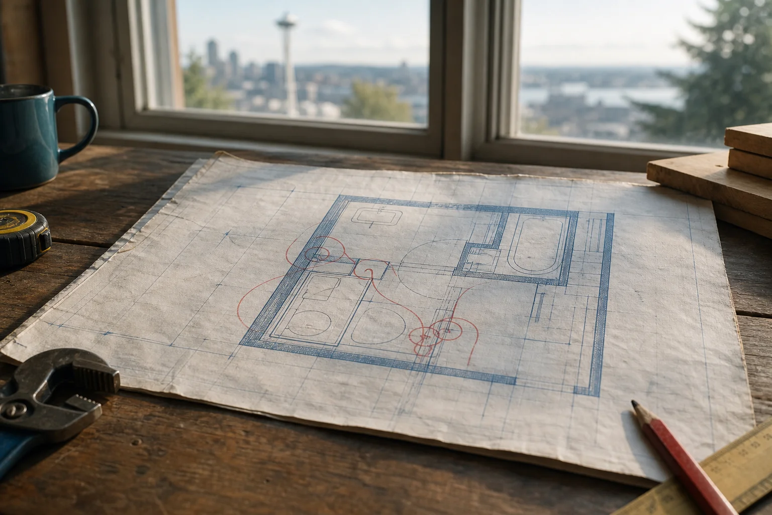Seattle bathroom remodel blueprint with cost-saving annotations